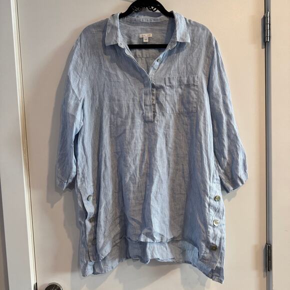 J. Jill Top Blue White Striped Collared Half Button Linen 3/4 Sleeve Sz L - Picture 1 of 9